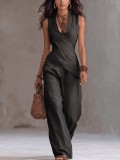 EVE V Neck Sleeveless Top Wide Leg Pants 2 Piece Set GWDS-260509