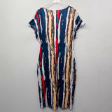 EVE Plus Size Print Deep V Neck Midi Dress QMZF-18612