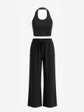 EVE Solid Color Tank Top Wide Leg Pants Sport Suit HNIF-SY033