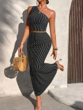 EVE Stripe Slash Shoulder Top Long Skirt Suit HNIF-YM111