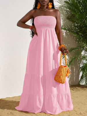 EVE Solid Color Ruched Tube Top Maxi Dress HNIF-MC026