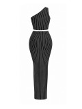 EVE Stripe Slash Shoulder Top Long Skirt Suit HNIF-YM111