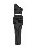 EVE Stripe Slash Shoulder Top Long Skirt Suit HNIF-YM111