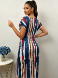 EVE Plus Size Print Deep V Neck Midi Dress QMZF-18612