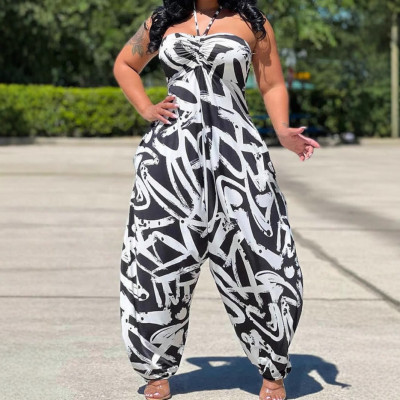 EVE Plus Size Print Halterneck Loose Jumpsuit QMZF-1887