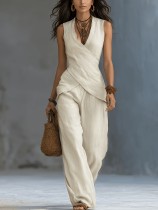 EVE V Neck Sleeveless Top Wide Leg Pants 2 Piece Set GWDS-260509