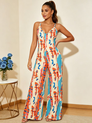 EVE Plus Size V Neck Print Graffiti Print Sling Jumpsuit QMZF-1837