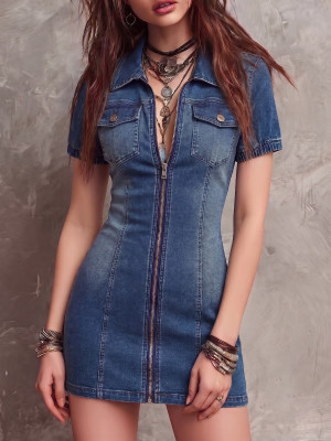 EVE Fashion Lapel Zipper Denim Mini Dress GWDS-260402