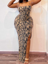 EVE Plus Size Zebra Print Sling Split Maxi Dress QMZF-1883