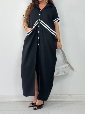 EVE Plus Size Lapel Single Breasted Button Long Dress QMZF-2181