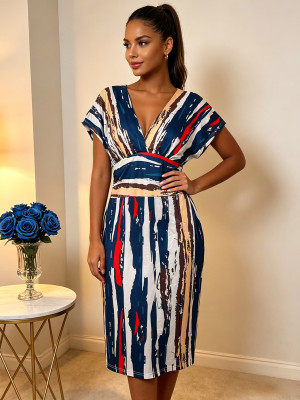 EVE Plus Size Print Deep V Neck Midi Dress QMZF-18612