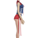EVE Contrast Color V Neck Print Two Piece Shorts Set DLSF-K6S11022A
