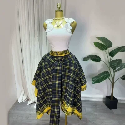EVE High Waist Plaid Print Irregular Half Body Skirt GCNE-75267