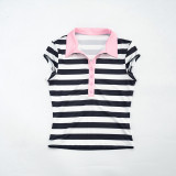 EVE Stripe Contrast Color Lapel Two Piece Short Set MXBF-Y26ST233