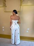 EVE Polka Dot Print Wrap Chest Top Wide Leg Pants Suit GCNE-75212