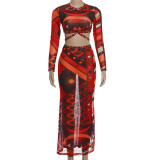 EVE Long Sleeve Print Top Long Skirts 2 Piece Set DLSF-K6S10203A