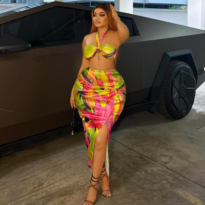EVE Sexy Print Halterneck Two Piece Skirts Set GJYO-JSD711908
