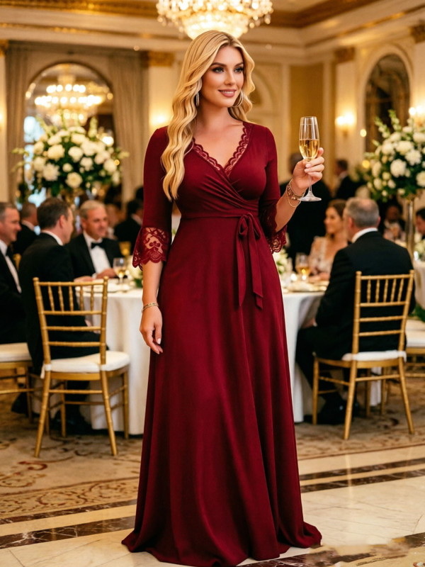 EVE Lace V Neck Solid Color Maxi Dress XMY-N049