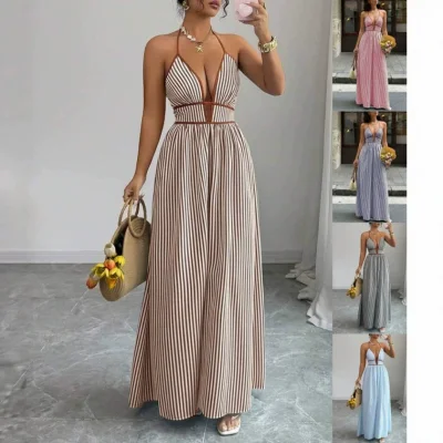 EVE Stripe V Neck Sexy Sling Maxi Dress GSRX-857