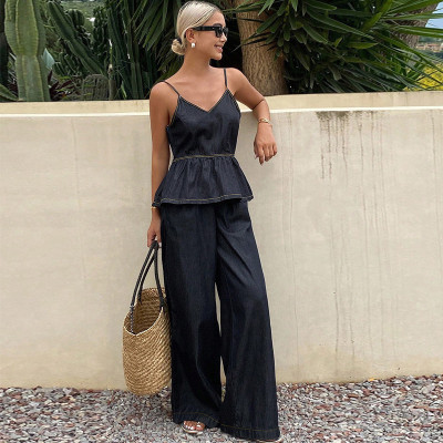 EVE Fashion Denim Sling Two Piece Pants Set GDAM-218959