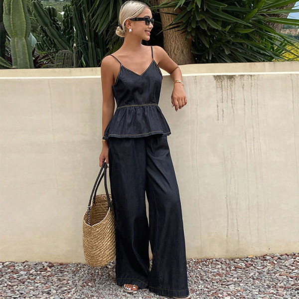 EVE Fashion Denim Sling Two Piece Pants Set GDAM-218959