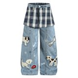 EVE Plus Size Plaid Patchwork Embroidered Puppy Jeans GYLN-2956