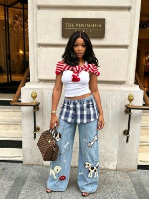 EVE Plus Size Plaid Patchwork Embroidered Puppy Jeans GYLN-2956