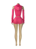 EVE Zipper Solid Color Hooded 3 Piece Shorts Set CH-26028