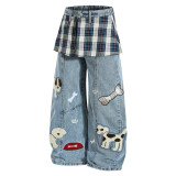 EVE Plus Size Plaid Patchwork Embroidered Puppy Jeans GYLN-2956