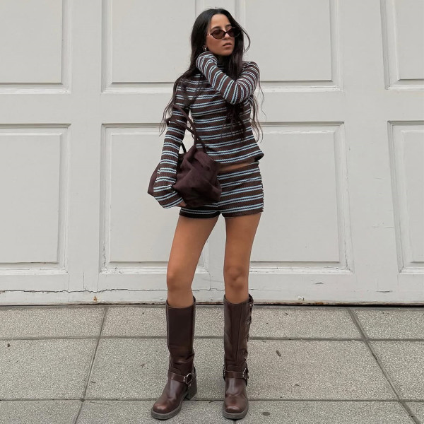 EVE Stripe Long Sleeve Two Piece Short Set GFRT-42211SBG