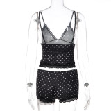 EVE Polka Dot Print Lace Patchwork Two Piece Shorts Set LJSF-S6421431X