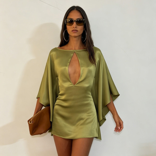 EVE Hollow Out Satin Batwing Sleeves Mini Dress GPKJ-MR49610