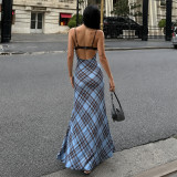 EVE Plaid Patchwork Sling Backless Maxi Dress GPKJ-MR49476