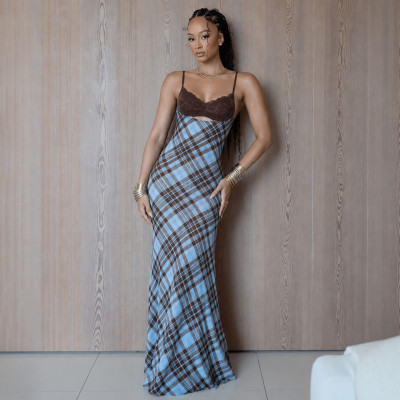 EVE Plaid Patchwork Sling Backless Maxi Dress GPKJ-MR49476