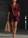 EVE Loose V Neck Solid Color Two Piece Shorts Set GSRX-935