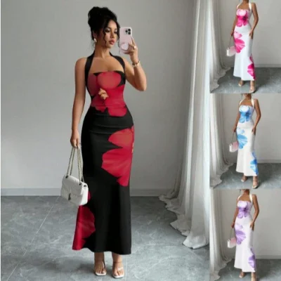 EVE Contrast Color Off Shoulder Print Maxi Dress GSRX-896