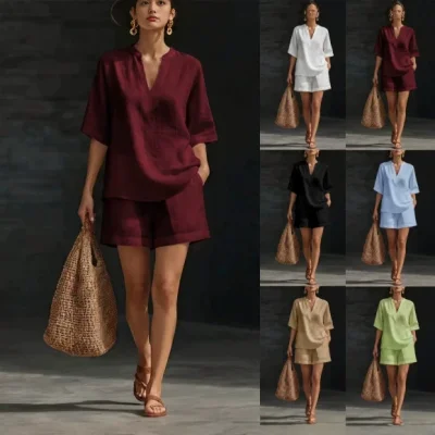 EVE Loose V Neck Solid Color Two Piece Shorts Set GSRX-935