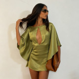 EVE Hollow Out Satin Batwing Sleeves Mini Dress GPKJ-MR49610