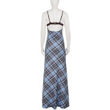 EVE Plaid Patchwork Sling Backless Maxi Dress GPKJ-MR49476