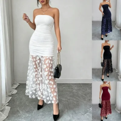 EVE Solid Color Mesh Flower Patchwork Tube Top Dress GSRX-949