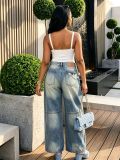 EVE Plus Size Washed Holes Straight Jeans GYLN-0609
