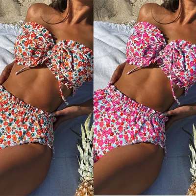 EVE Floral Print Pleats Bikinis 2 Piece Swimsuit CSYZ-D760R
