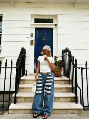 EVE Plus Size Black White Stripe Loose Jeans GYLN-8612