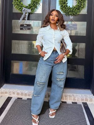 EVE Plus Size Fashion Holes Straight Jeans GYLN-0213
