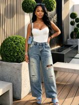 EVE Plus Size Washed Holes Straight Jeans GYLN-0609