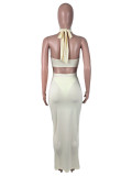 EVE Solid Color Halterneck Bodysuit Two Piece Skirts Set SHD-9995