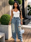 EVE Plus Size Washed Holes Straight Jeans GYLN-0609