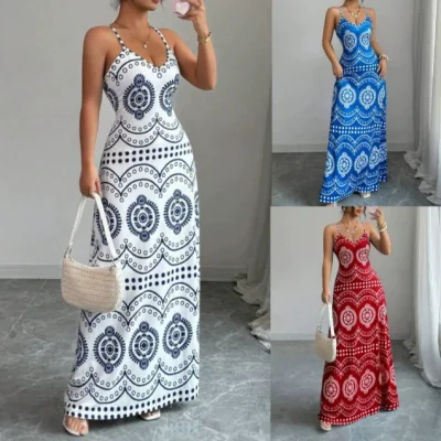 EVE Print Sling V Neck Maxi Dress GSRX-767