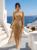 EVE Hollow Out Long Sleeve Tassel Maxi Dress ZSD-0356