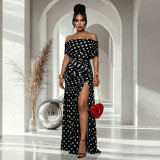 EVE Polka Dot Print Off Shoulder Split Maxi Dress BY-7743